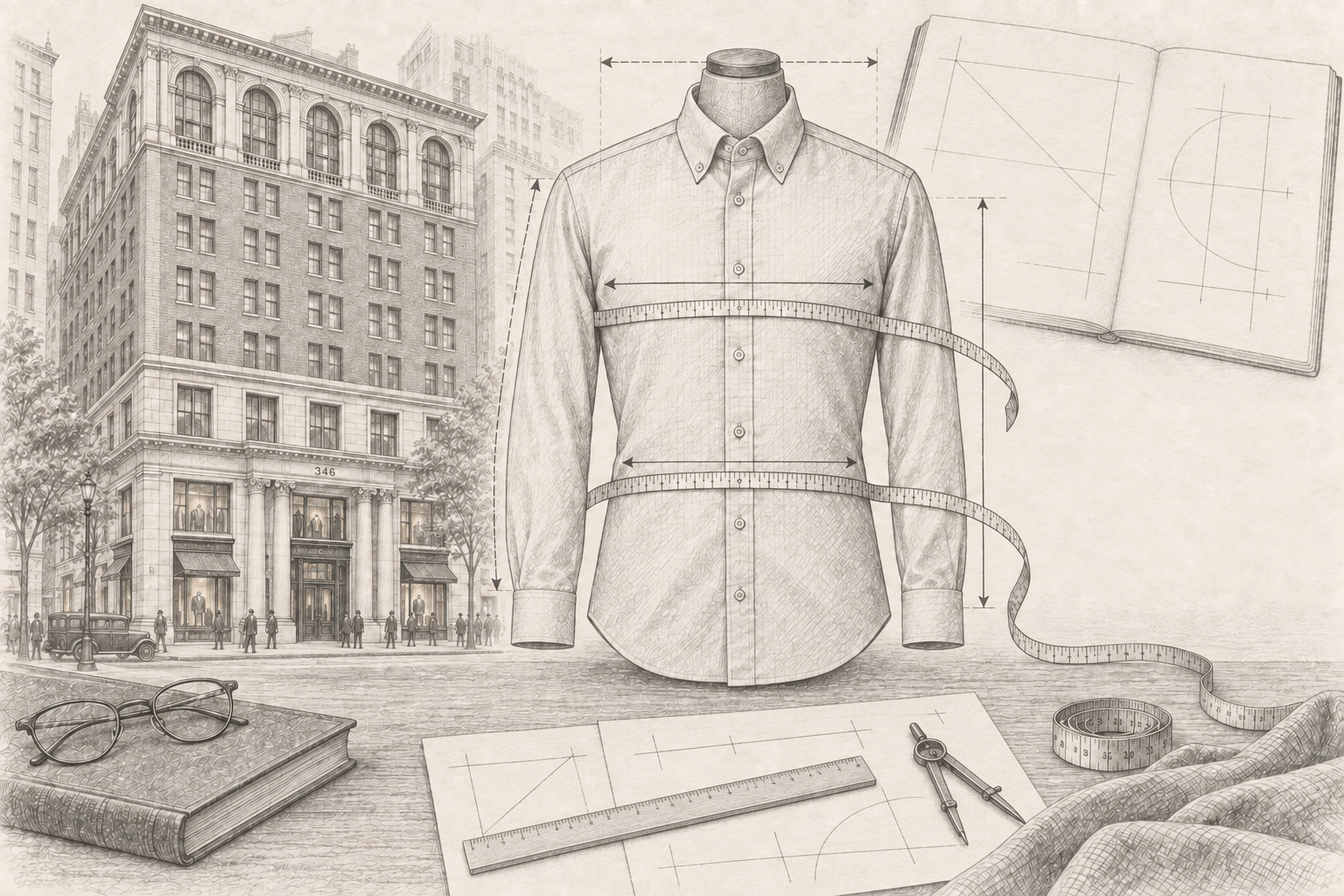 Brooks Brothersのシャツと346 Madison Avenue旧本店を描いた鉛筆画
