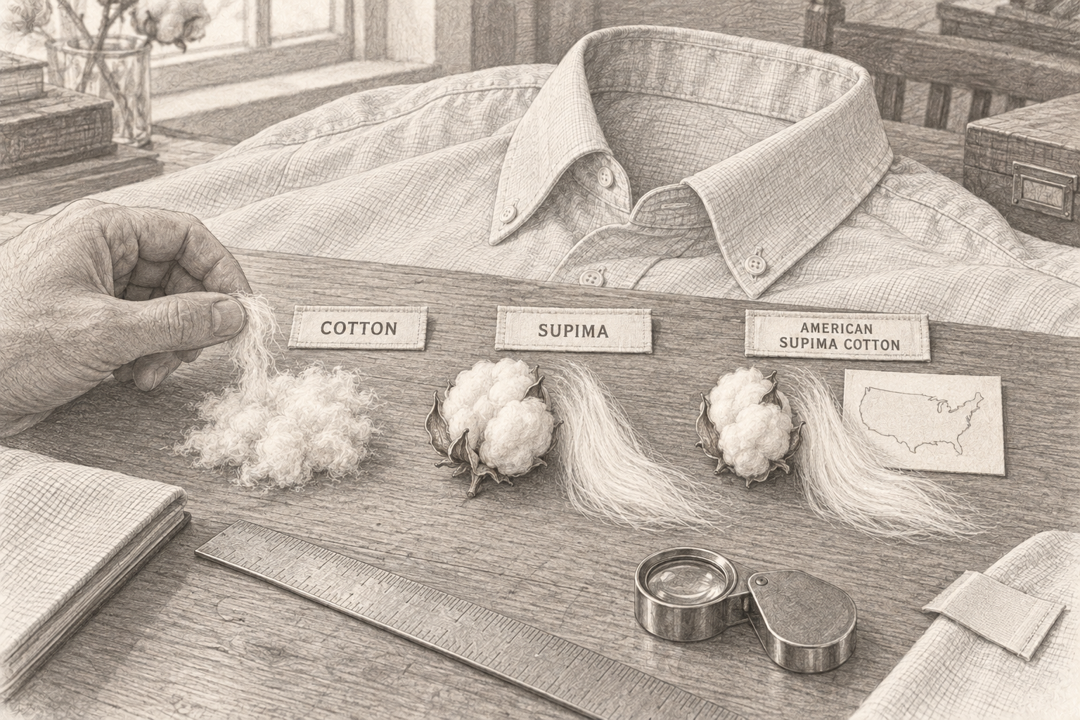 Cotton、Supima、AMERICAN SUPIMA COTTONのタグと繊維を比較した鉛筆画